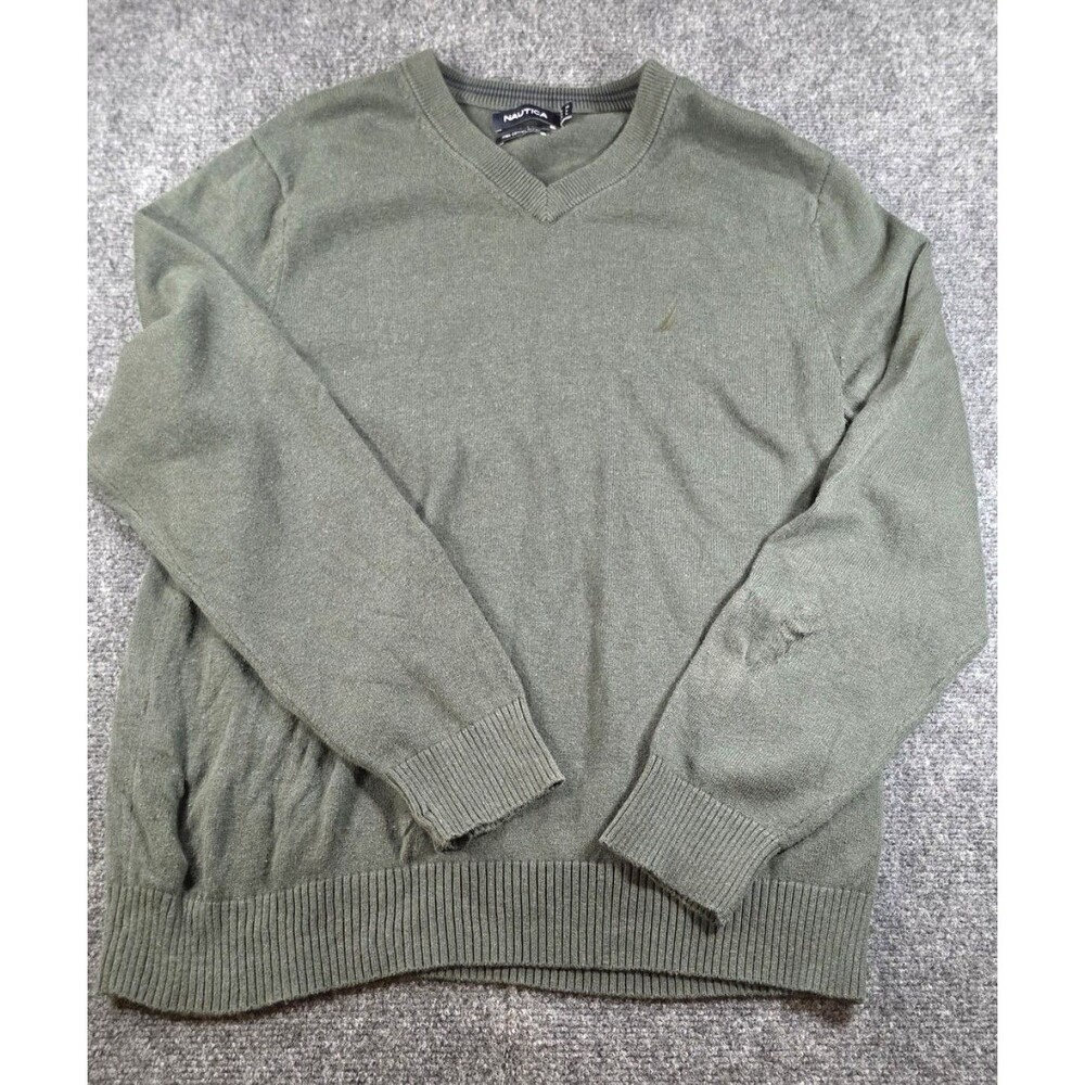 Nautica Sweater Mens Size M Luxury Performance V-Neck Green Long Sleeve Pullover